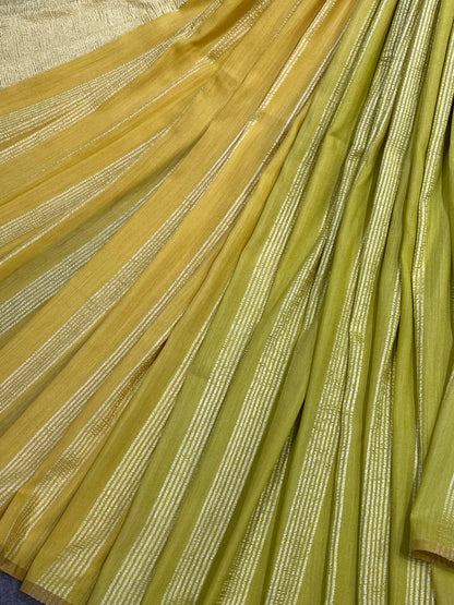 LEMON YELLOW AND LIME GREEN PURE HANDLOOM MOONGA BANARASI SAREE