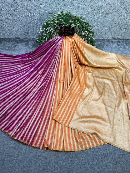 MAGENTA AND PEACH ORANGE PURE HANDLOOM MOONGA BANARASI SAREE