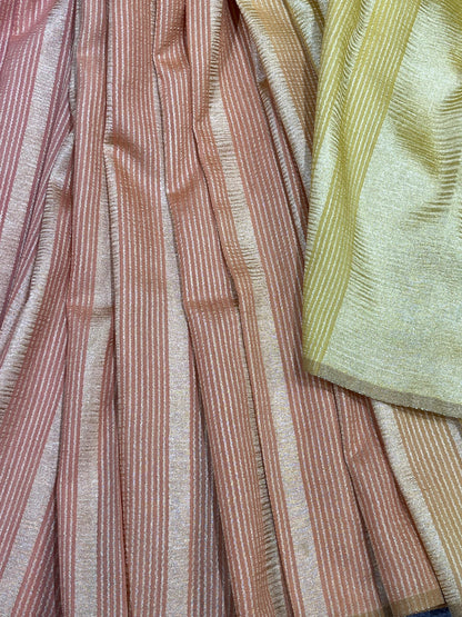 PINK AND GOLDEN YELLOW PURE HANDLOOM MOONGA BANARASI SAREE