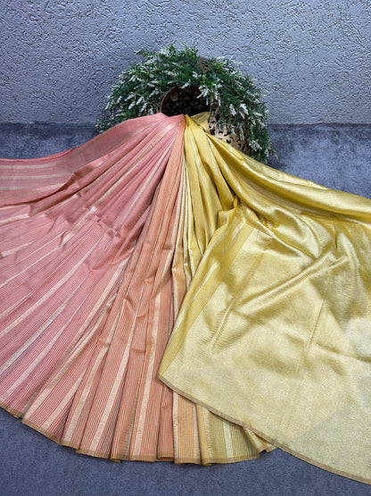 PINK AND GOLDEN YELLOW PURE HANDLOOM MOONGA BANARASI SAREE