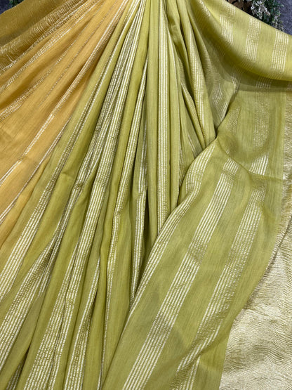 LEMON YELLOW AND LIME GREEN PURE HANDLOOM MOONGA BANARASI SAREE