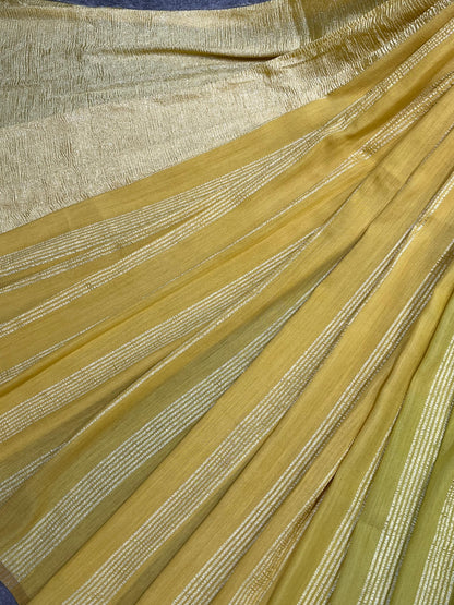LEMON YELLOW AND LIME GREEN PURE HANDLOOM MOONGA BANARASI SAREE
