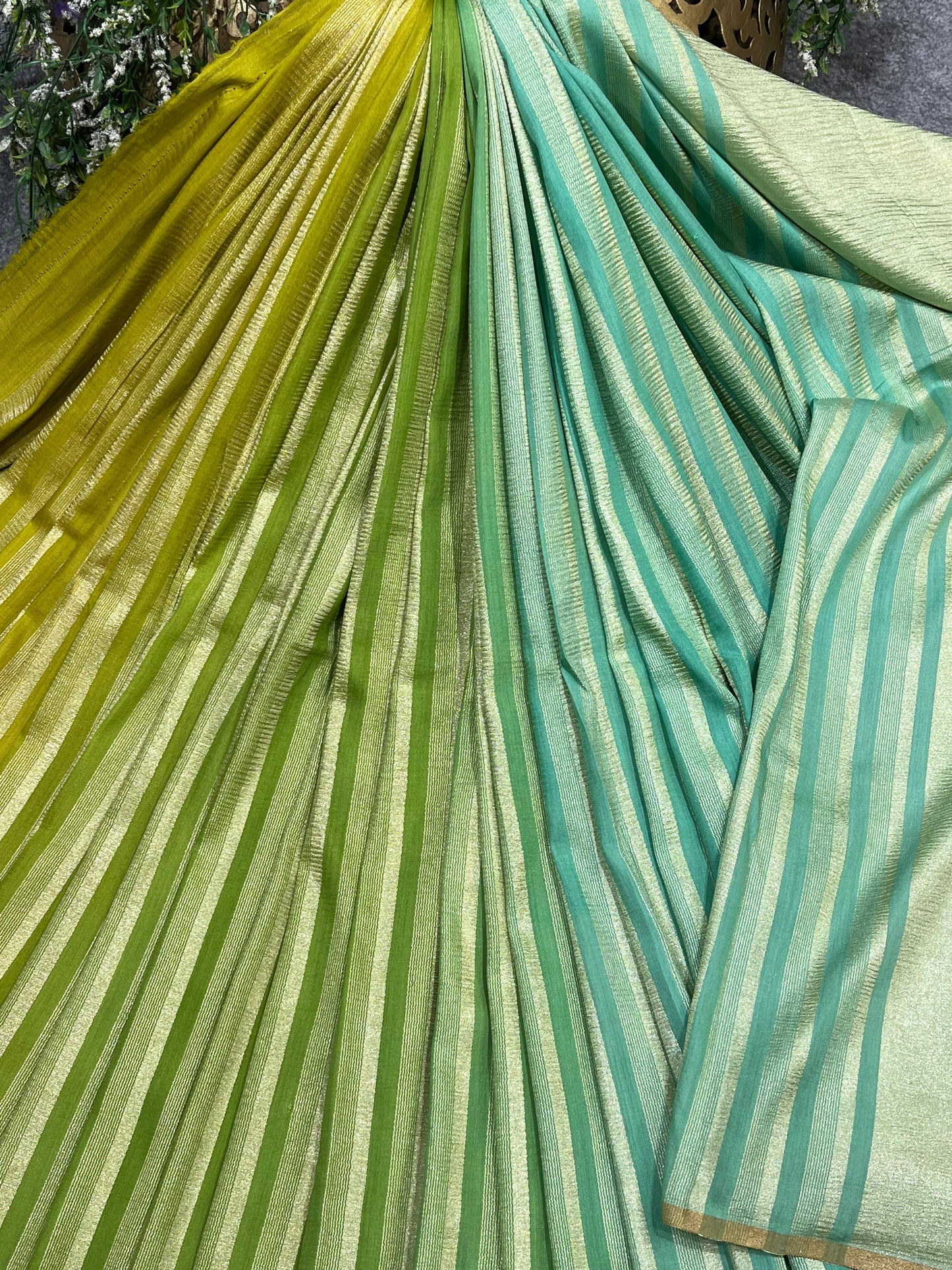 OLIVE GREEN LIME AND AQUA BLUE PURE HANDLOOM MOONGA BANARASI SAREE