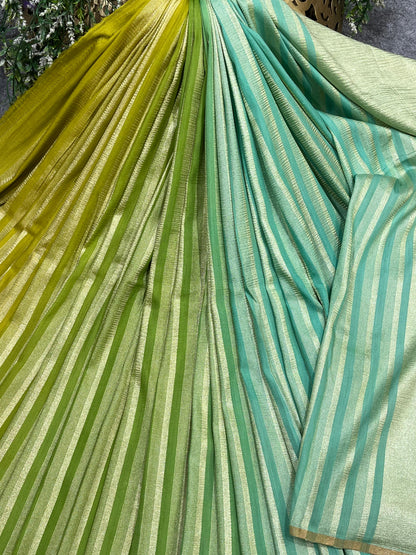 OLIVE GREEN LIME AND AQUA BLUE PURE HANDLOOM MOONGA BANARASI SAREE