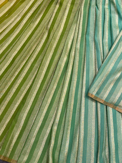 OLIVE GREEN LIME AND AQUA BLUE PURE HANDLOOM MOONGA BANARASI SAREE