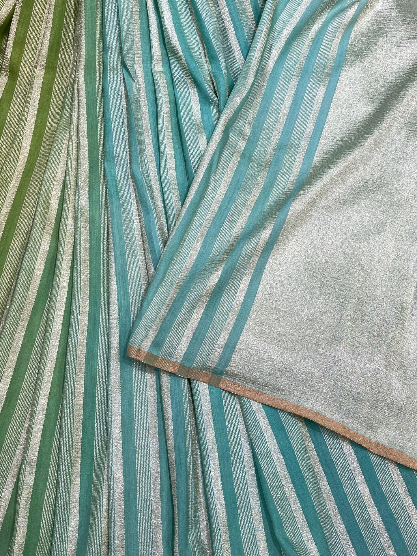 OLIVE GREEN LIME AND AQUA BLUE PURE HANDLOOM MOONGA BANARASI SAREE