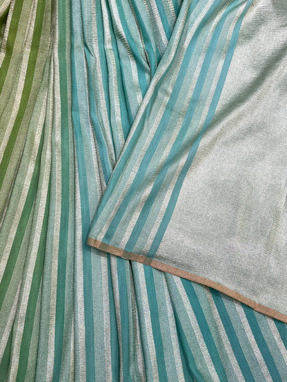 OLIVE GREEN LIME AND AQUA BLUE PURE HANDLOOM MOONGA BANARASI SAREE
