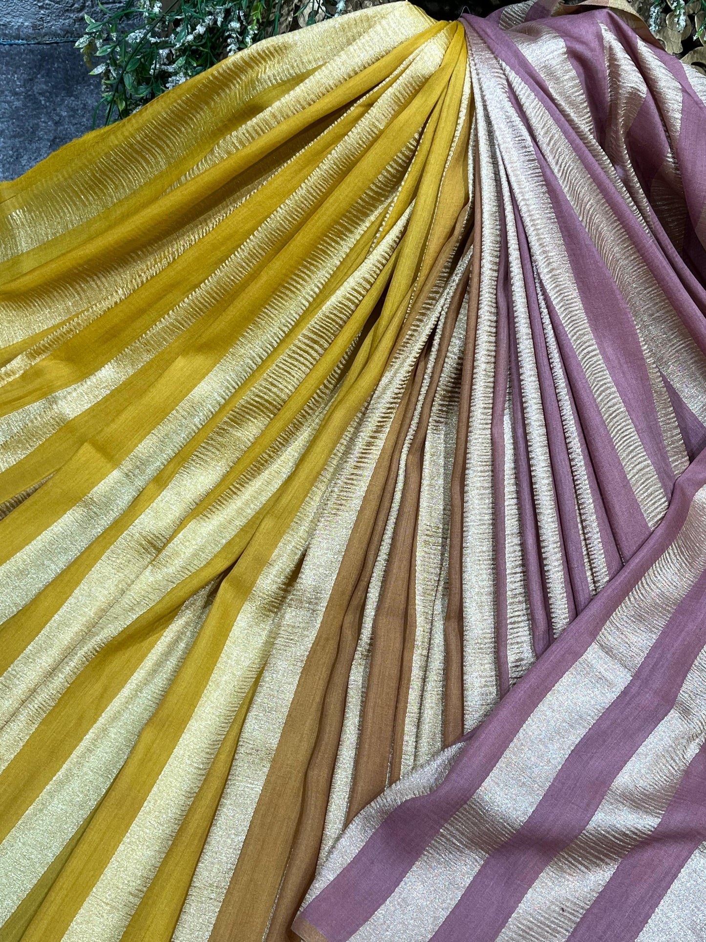MUSTARD YELLOW BEIGE AND SOFT MAUVE PURE HANDLOOM MOONGA BANARASI SAREE