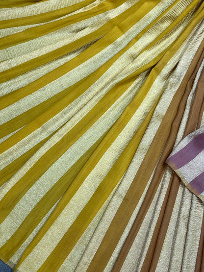 MUSTARD YELLOW BEIGE AND SOFT MAUVE PURE HANDLOOM MOONGA BANARASI SAREE