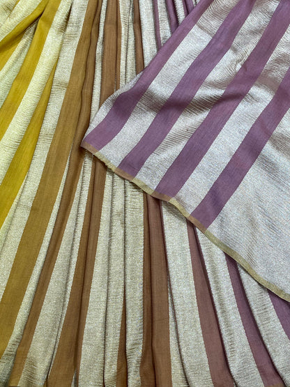 MUSTARD YELLOW BEIGE AND SOFT MAUVE PURE HANDLOOM MOONGA BANARASI SAREE