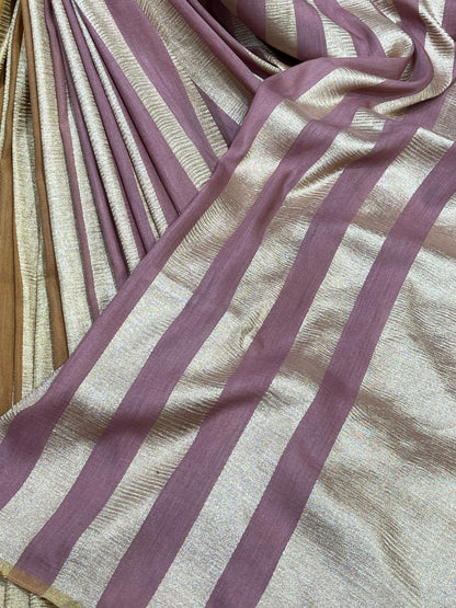 MUSTARD YELLOW BEIGE AND SOFT MAUVE PURE HANDLOOM MOONGA BANARASI SAREE