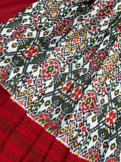 WHITE RED TWILL SILK PURE HANDLOOM IKKAT SAREE