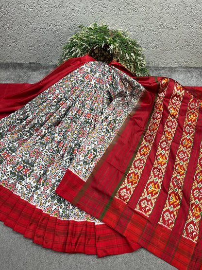 WHITE RED TWILL SILK PURE HANDLOOM IKKAT SAREE