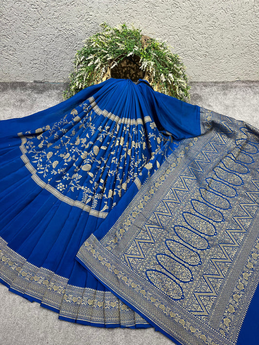 ROYAL BLUE KHADDI CHIFFON PURE HANDLOOM BANARASI SAREE