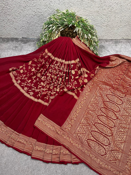MAROON KHADDI CHIFFON PURE HANDLOOM BANARASI SAREE