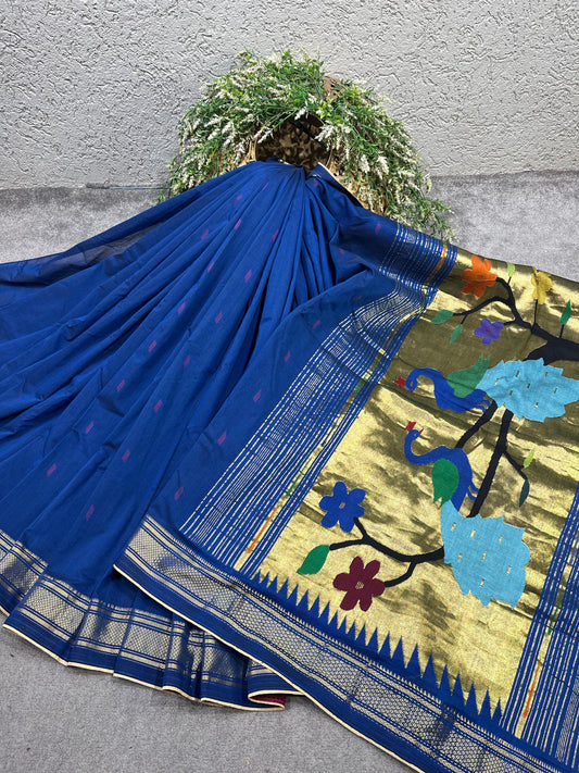 ROYAL BLUE COTTON PURE HANDLOOM PAITHANI SAREE