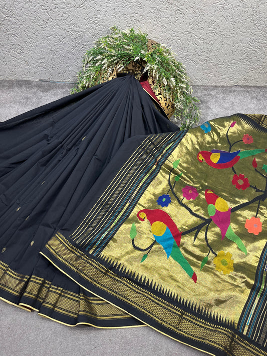BLACK COTTON PURE HANDLOOM PAITHANI SAREE