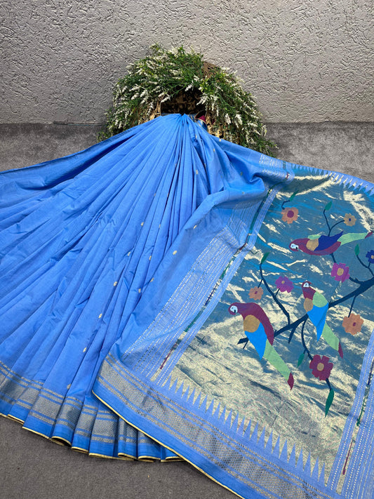 SKY BLUE COTTON PURE HANDLOOM PAITHANI SAREE