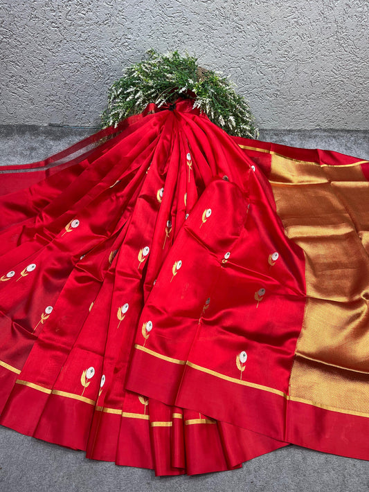 RED SILK PURE HANDLOOM CHANDERI SAREE