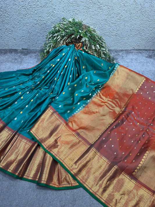 TEAL BLUE TWILL SILK PURE HANDLOOM GADWAL SAREE
