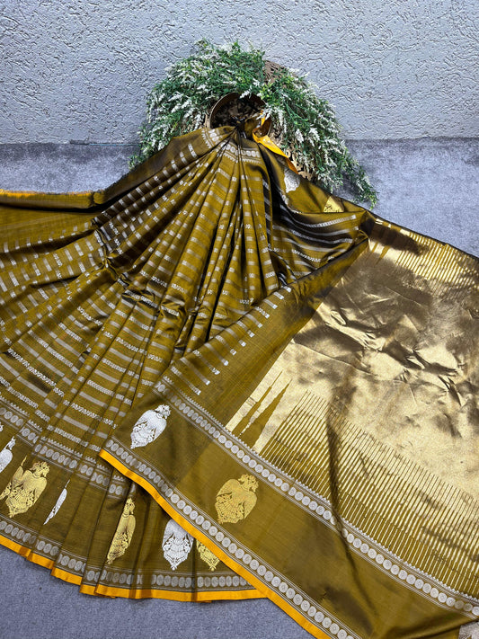 OLIVE GREEN TWILL SILK PURE HANDLOOM GADWAL SAREE