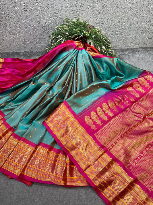 TEAL BLUE TWILL SILK PURE HANDLOOM GADWAL SAREE