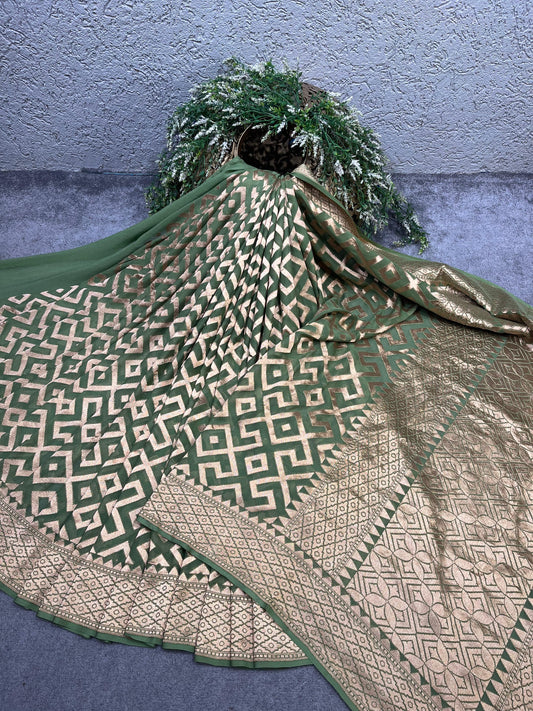 SAGE GREEN KHADDI GEORGETTE PURE HANDLOOM BANARASI SAREE