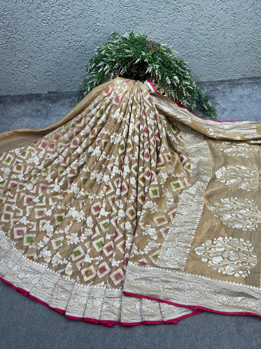 ANTIQUE GOLD KHADDI CHIFFON TISSUE RANGCART PURE HANDLOOM BANARASI SAREE