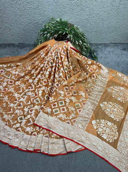 COPPER BROWN KHADDI CHIFFON TISSUE RANGCART PURE HANDLOOM BANARASI SAREE