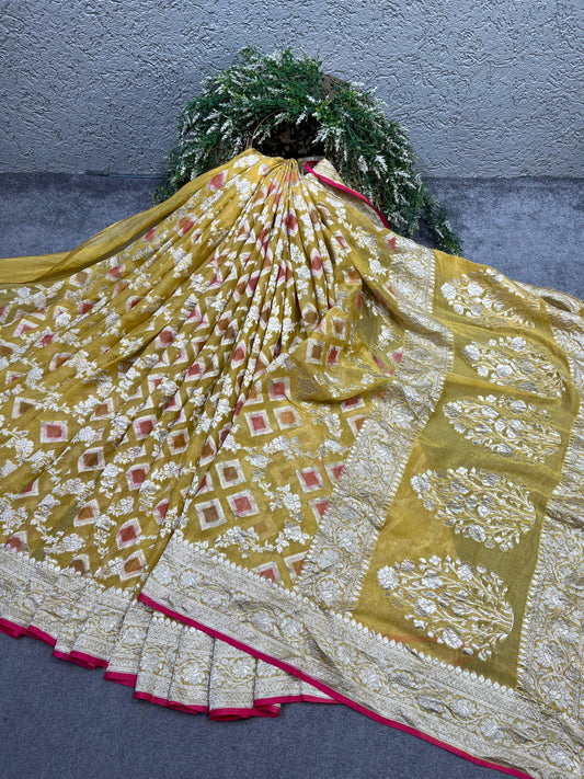 MUSTARDS GOLD KHADDI CHIFFON TISSUE RANGCART PURE HANDLOOM BANARASI SAREE