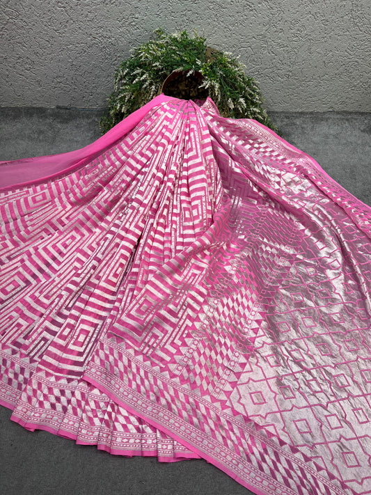 PINK KHADDI GEORGETTE PURE HANDLOOM BANARASI SAREE
