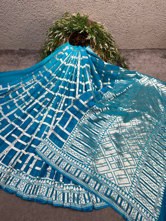 TURQUOISE BLUE KHADDI GORGETTE PURE HANDLOOM BANARASI SAREE
