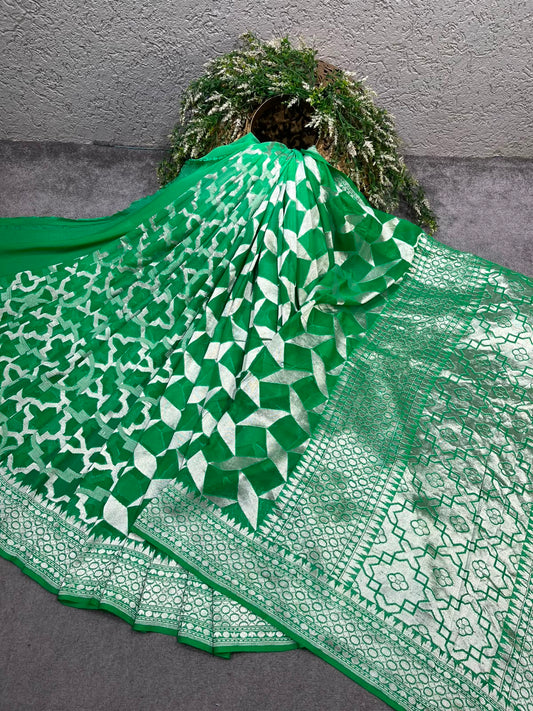 GREEN KHADDI GEORGETTE PURE HANDLOOM BANARASI SAREE