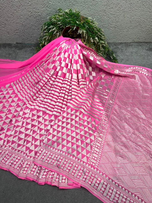 PINK KHADDI GEORGETTE PURE HANDLOOM BANARASI SAREE