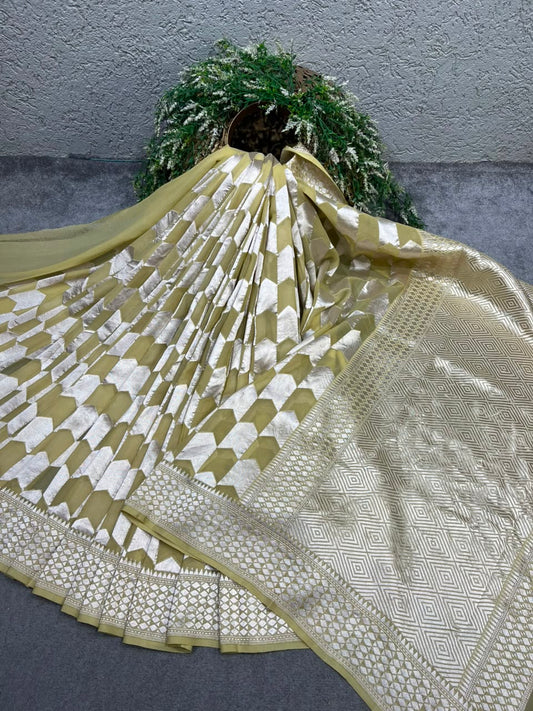 PISTA GREEN KHADDI GEORGETTE PURE HANDLOOM BANARASI SAREE