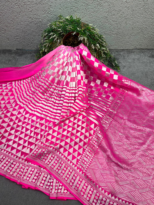 PINK KHADDI GEORGETTE PURE HANDLOOM BANARASI SAREE