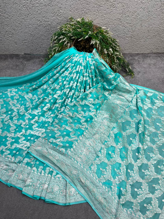 AQUA BLUE KHADDI CHIFFON PURE HANDLOOM BANARASI SAREE