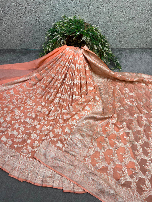 PEACH KHADDI CHIFFON PURE HANDLOOM BANARASI SAREE