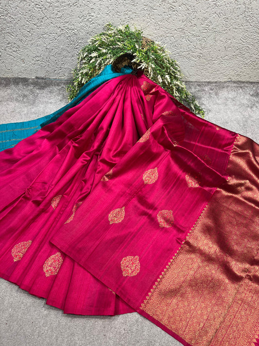 RANI PINK TASSAR DUPION SILK PURE HANDLOOM BANARASI SAREE