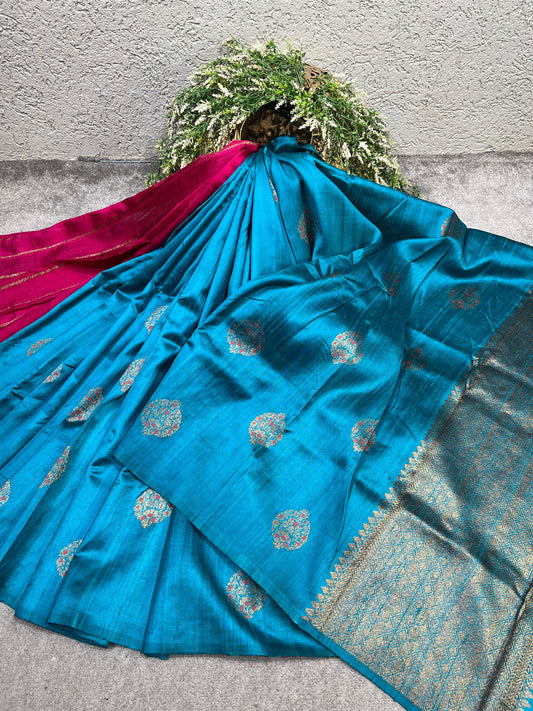TURQUOISE BLUE TASSAR DUPION SILK PURE HANDLOOM BANARASI SAREE