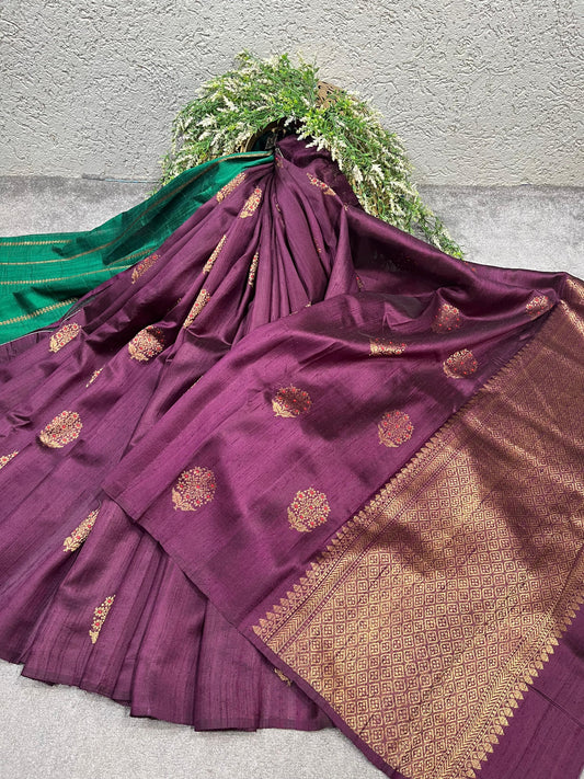 WINE TASSAR DUPION SILK PURE HANDLOOM BANARASI SAREE