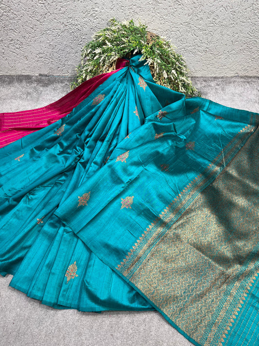 TURQUOISE BLUE TASSAR DUPION SILK PURE HANDLOOM BANARASI SAREE