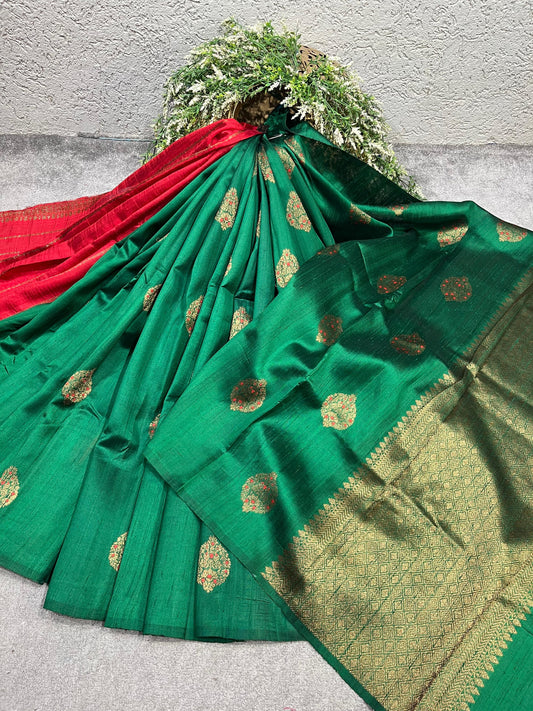 GREEN TASSAR DUPION SILK PURE HANDLOOM BANARASI SAREE