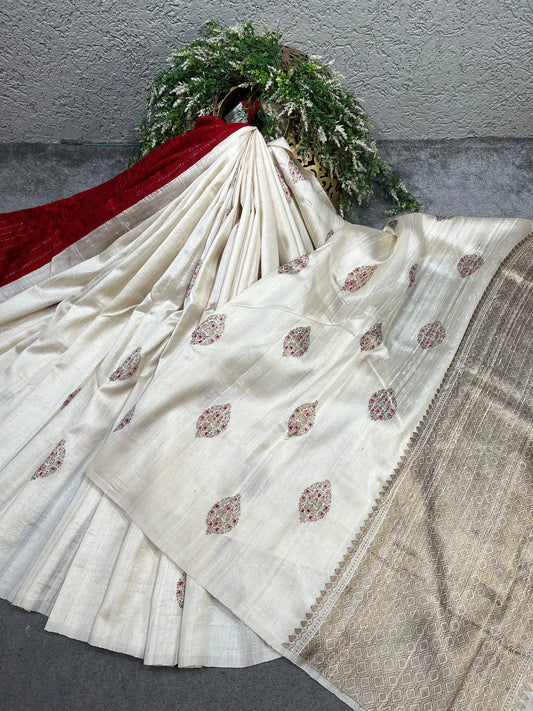 IVORY TASSAR DUPION SILK PURE HANDLOOM BANARASI SAREE