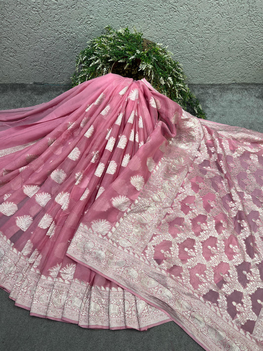 ROSE PINK KHADDI CHIFFON PURE HANDLOOM BANARASI SAREE