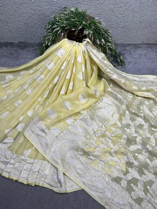 LEMON YELLOW KHADDI CHIFFON PURE HANDLOOM BANARASI SAREE