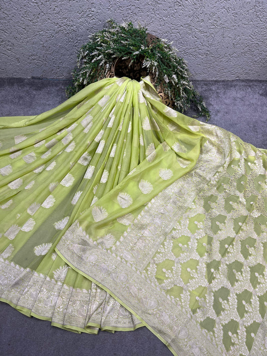 PISTA GREEN KHADDI CHIFFON PURE HANDLOOM BANARASI SAREE
