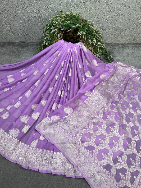 LAVENDER KHADDI CHIFFON PURE HANDLOOM BANARASI SAREE