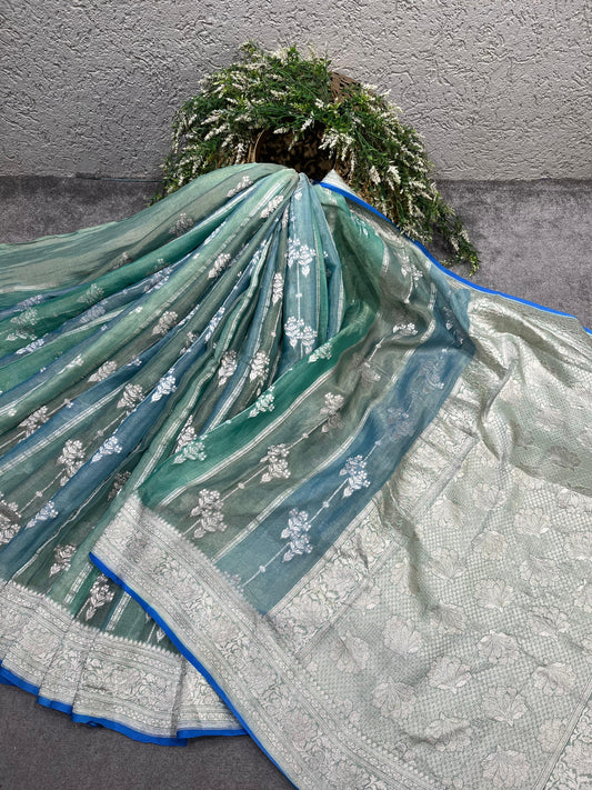 SEA GREEN AND BLUE KHADDI GEORGETTE TISSUE RANGCART PURE HANDLOOM BANARASI SAREE