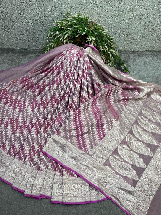 PLUM AND MAUVE KHADDI GEORGETTE TISSUE RANGCART PURE HANDLOOM BANARASI SAREE